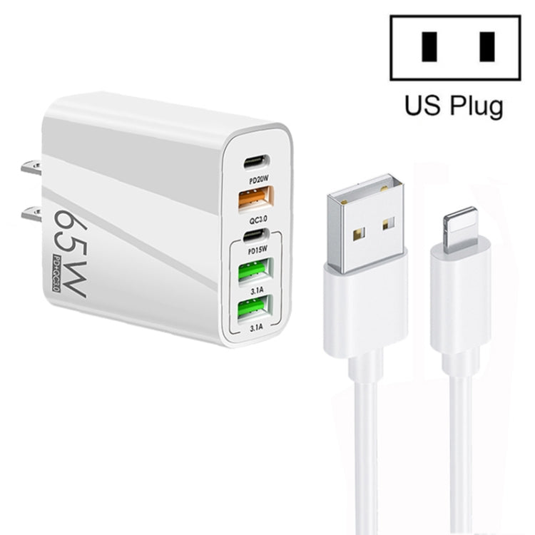 65W Dual PD Type-C + 3 x USB Multi Port Charger with 3A USB to 8 Pin Data Cable, US Plug, US Plug + USB to 8 Pin Cable